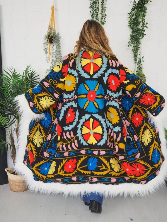 MONGOLIAN AFGHAN - Penny lane Coat - Unisex - Vintage - Embroidered Faux Fur Coat - 60's - Daisy Jones - Retro Psychedelic 70's - Christmas