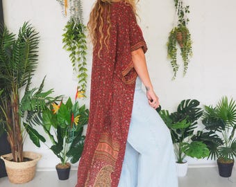 PAISLEY BROWN KIMONO - Recycled Silk Maxi - Stevie Nicks - Bell sleeve kimono - 70's Vintage Retro - Witch - Halloween - Autumn