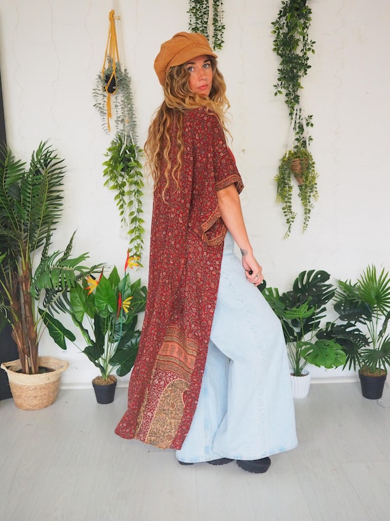 PAISLEY BROWN KIMONO - Recycled Silk Maxi - Stevie Nicks - Bell sleeve kimono - 70's Vintage Retro - Witch - Halloween - Autumn