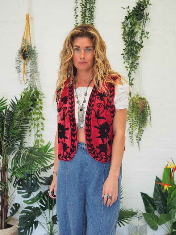 REVERSIBLE VELVET VEST - Spring Summer Festival - Re-worked Vintage - 60's 70's Bohemian Gilet - 90's Grunge - Unisex Embroidered Waistcoat