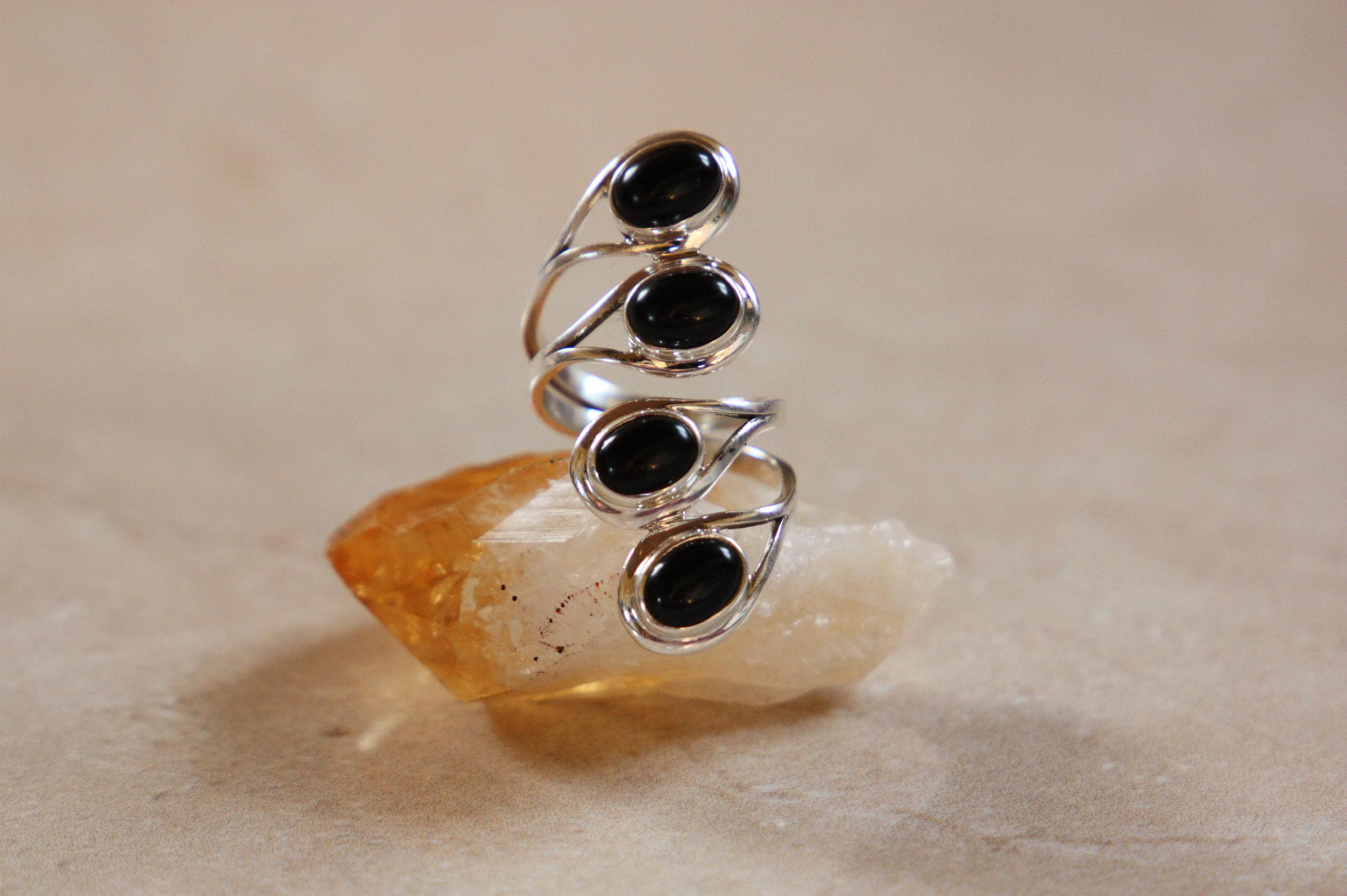 4 Stone Black Onyx Ring - ADJUSTABLE - 925 Sterling Silver Ring