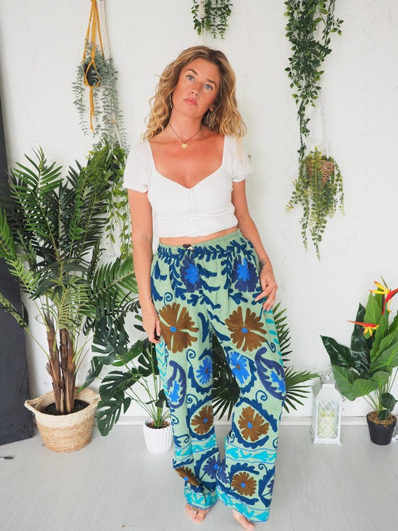 AMAZING EMBROIDERED TROUSERS - Cotton Linen Embroidery - Summer Trousers - Hippie - Beach - Bohemian - Festival Slouch Pants - Casual Comfy