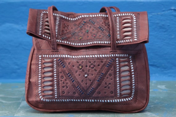 LEATHER RAINBOW HANDBAG - Vintage Shoulder bag - Hand tooled - Satchel - Embroidered - Autumn - Fall Purse - Luxury Leather Stamped bag