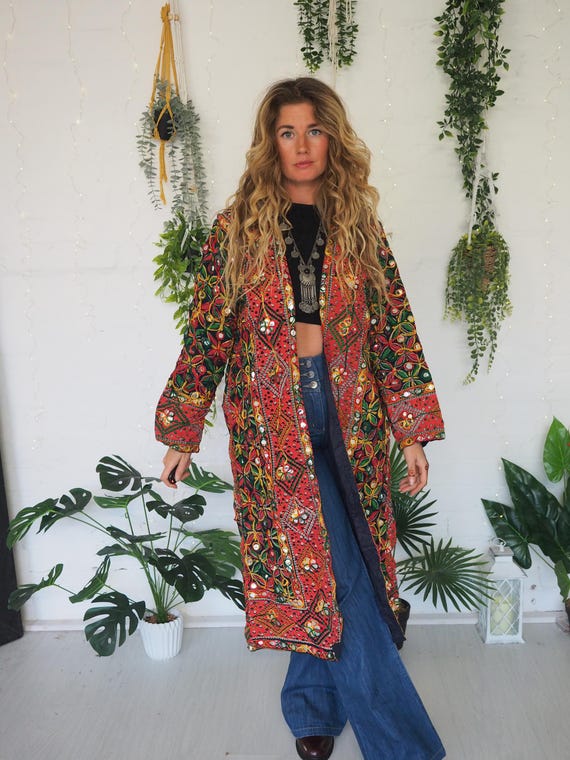 MULTI KIMONO LONG - Cotton - 70's Indian Mirror work - Sequin Lightweight Coat - Embroidered Jacket - Vintage - Christmas party - Abba top