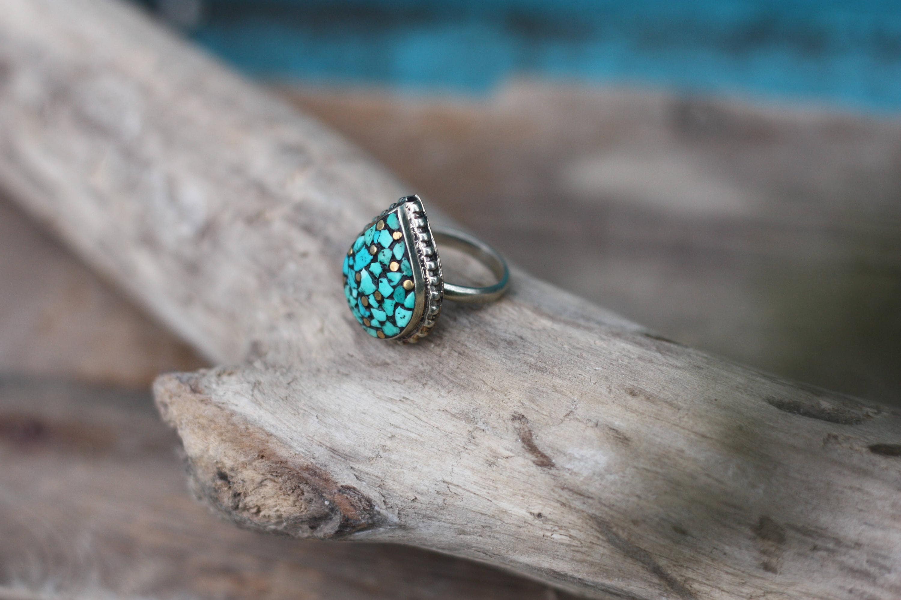 VINTAGE TURQUOISE RING Adjustable Ring Handmade Bespoke Gemstone Ring Mosaic Gift