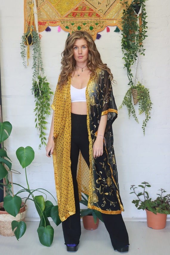 YELLOW & BLACK KIMONO - Embellished - festival - Vintage sari 1970s - 1960s batwing - Holiday - Up cycled sequin kaftan - Beach Party - Bee