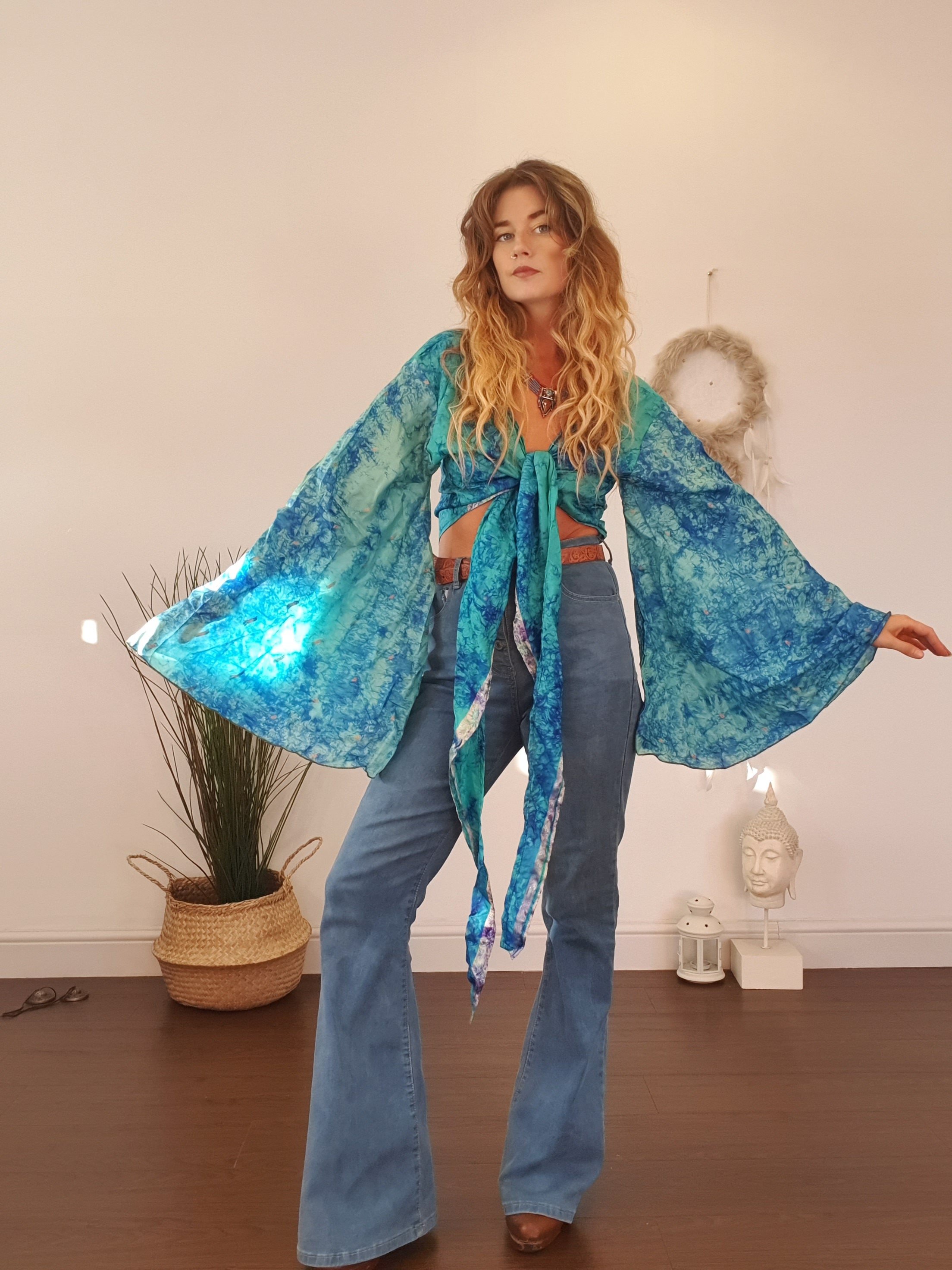 TIEDYE SILK TOP - Indian - Tie dye Bell Sleeve - Retro Hippie Top