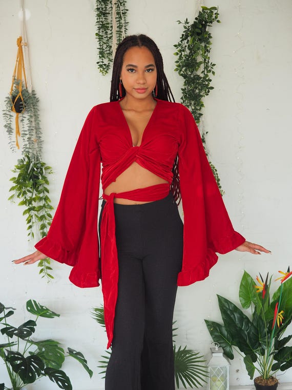 VELVET TIE TOP - Xl Bell sleeve top - Wrap Top - Retro - 70's 60's Velvet Kimono - Stevie Nicks - Winter - Hippie - Red Witch - Snow White