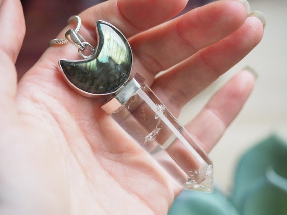 POWER MOON WAND - Chunky Labradorite Quartz Necklace - Recycled 925 sterling Silver - Reiki Blessed - High Vibration - Witch Gift - Crystal