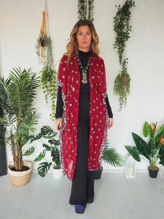 UPCYCLED SARI KIMONO - Free size - Embellished Vintage Fabric - Kaftan - New year Outfit - Sparkly - Embroidered Mirror - Sequin glitter