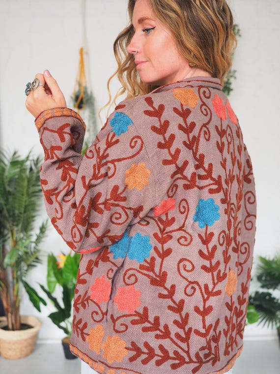 REVERSIBLE EMBROIDERED BLAZER - 60's 70's - Unisex Hippie Festival coat - Flower Short Jacket - Cotton Fabric - Uk M