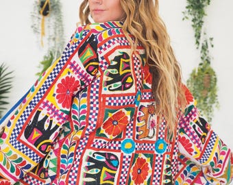 SALE APPLIQUE JACKET - Unisex Festival coat - Embroidered hippie jacket - Signs of wear - Antique vintage Indian fabric - Patchwork - Kimono