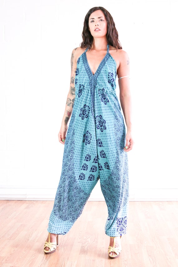 BOLD BLUE JUMPSUIT - Christening - Summer - Prom - Vintage Style - Wedding outfit - Festival Fashion - Halter neck - Bespoke - Backless