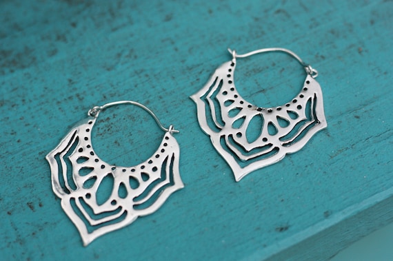 LARGE TRIBAL EARRINGS - Ethnic jewelry - Tribal - Sacred Geometry - Lotus Flower - Silver Plated - Flower power earrings - Laser cut Gift