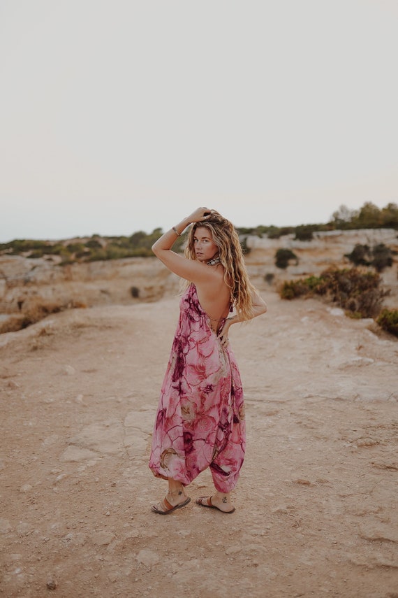 FLORAL PINK JUMPSUIT - Holiday - Beach - Vintage silk - Romper Suit - Playsuit - Dress with pockets - All in one summer overalls - Glitter