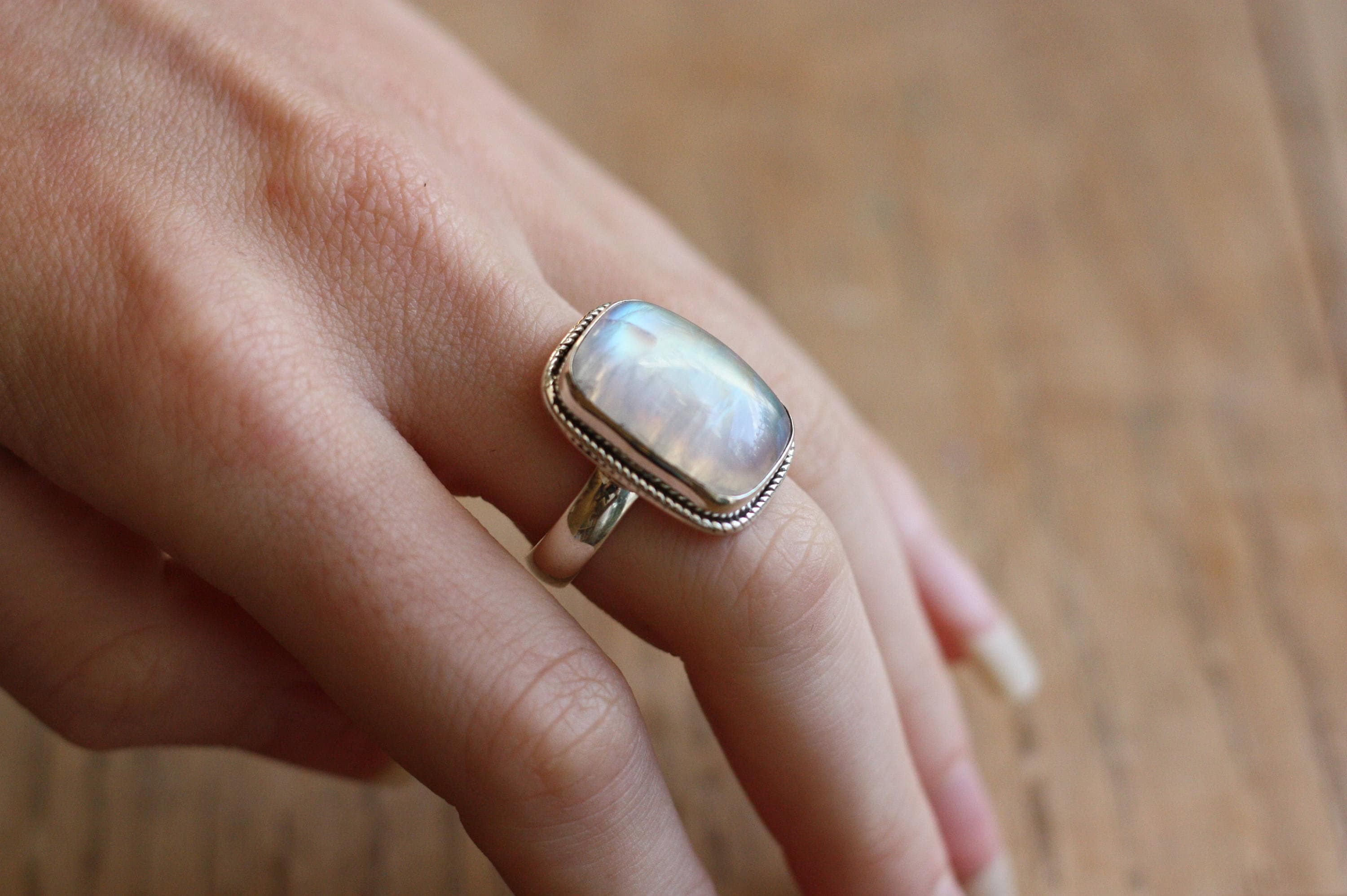SQUARE MOONSTONE RING One size Sterling silver ring Moon Glitter Statement Ring Rare Crystal Gemstone Semi Precious Gift