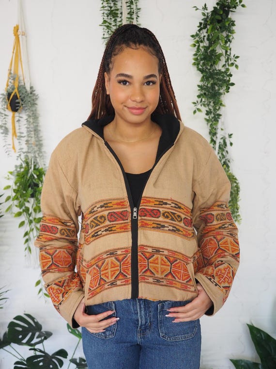 FLEECE BOMBER JACKET - Unisex Coat - Thermal - Uk 8-14 - Brushed cotton Fabric - Cosy Winter Clothing - Vintage style Unique Aztec Hoodie