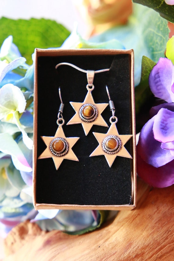 TIGERSEYE NECKLACE SET - Earrings - Tiger eye - Chakra & Birthstone jewellery - Moon gift set - Star jewellery - zodiac - astrology gift