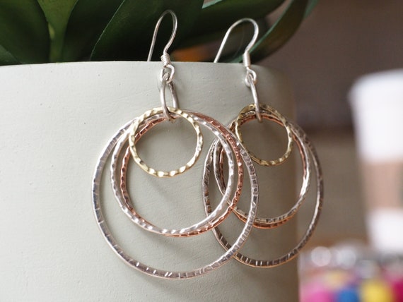 RECYCLED METAL EARRINGS - Mixed metal - 925 Sterling Silver - Brass - Copper - Vintage - Stamped Silver - Statement Hoops - Xl Hoop Dangle