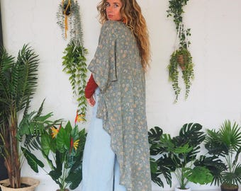 VINTAGE AUTUMN KIMONO - Mid Length Kaftan -  Vintage Indian Sari fabric - Hippie Stevie Nicks - Asymmetrical - Reworked