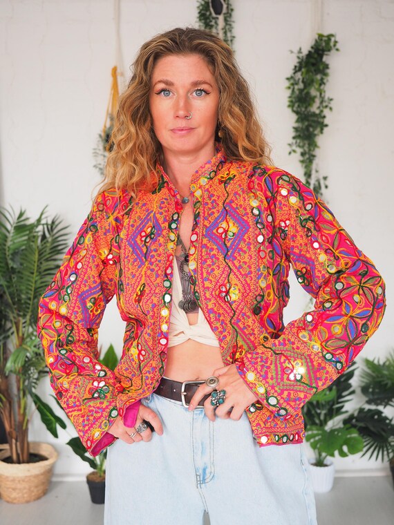 CROP SEQUIN JACKET - 60's 70's Vintage Jacket - Retro Beatles - Sgt Pepper - Embroidered - Indian Mirror Shirt - Boho Festival - Summer