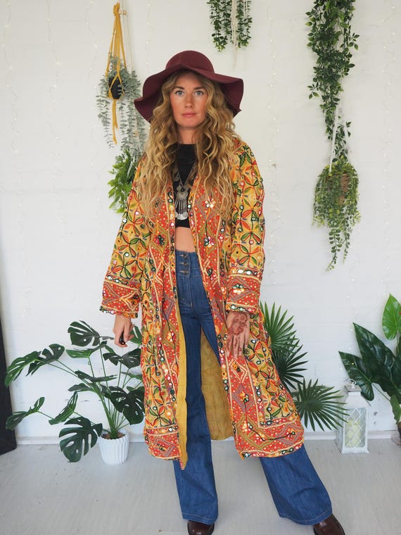 LONG MIRROR JACKET - Lightweight Sequin Kimono - Cotton Embroidered Coat - Summer - Christmas jacket - Bohemian Unisex clothing - Vintage