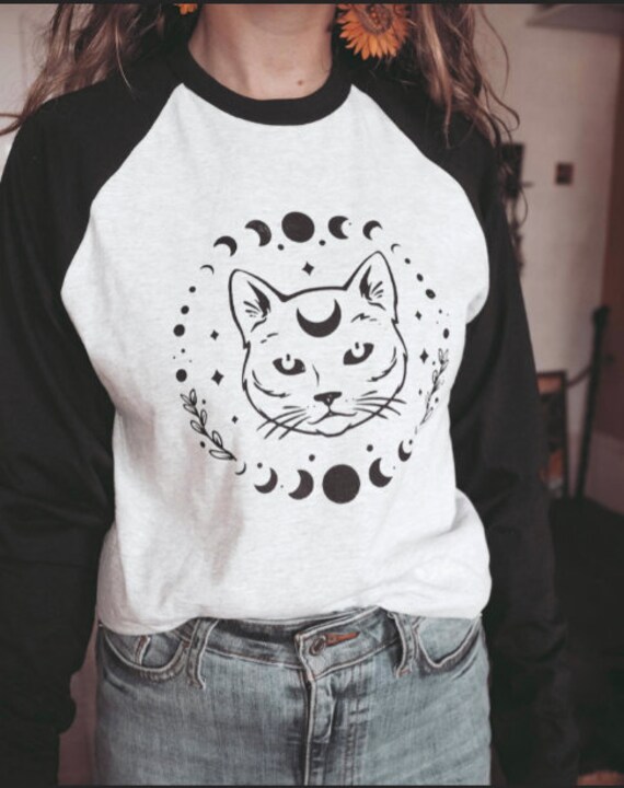 COSMIC CAT BASEBALL - Screen Print - Ltd Edition Long Sleeve Top - Vegan - 100% Cotton shirt - Non Binary - Unisex - Moon phase - Cat Lover