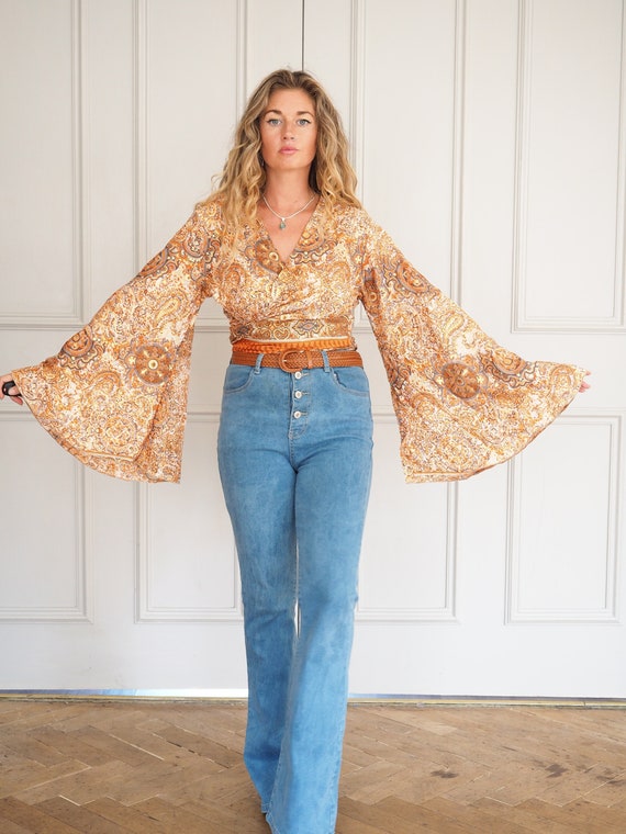 GOLD SHIMMER TOP - Indian Silk Bell Sleeve - Hippie Wrap - Retro - 70s - 60'S - Recycled - Silk Kimono - Stevie Nicks - Dancer - Kaftan Top