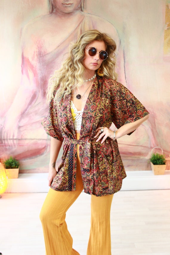 FIRE CROP KIMONO - Hippie Jacket - Bohemian Kaftan - Vacation - Autumn Wrap Top - Gypsy Style - Indian Recycled Silk - Lounge wear - Home