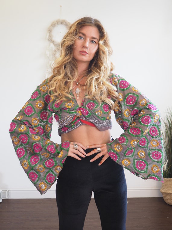 VINTAGE EMBROIDERED WRAP - Sheer bell sleeve - Tie Top - Recycled - Vintage Wrap Top - Hand embroidered - Embellished - 70's Hippie Soul