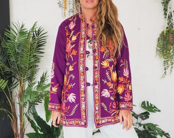 PURPLE KASHMIRI TUNIC - 60's 70's Vintage Jacket - Retro Beatles - Sgt Pepper - Aari Embroidered - Cotton - Wool blend - Boho Mini Dress