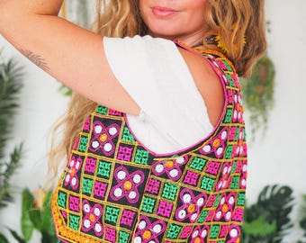 Kurze SPIEGEL WESTE - Indische Patchwork - Pom Pom Quaste - Mexikanische Stickerei - Vintage - 70er Jahre Boho - Ibiza - Sommer Festival