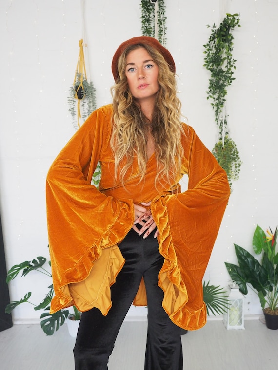 VELVET TIE TOP - Burnt Orange - Xl Bell sleeve top - Wrap Top - 70's 60's Velvet Kimono - Stevie Nicks Cottagecore Winter Top - Autumn Fall