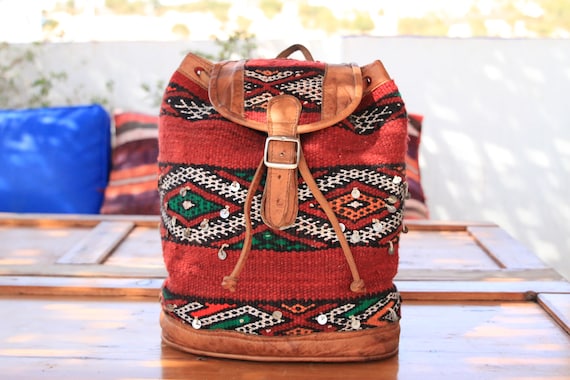 VINTAGE KILIM RUCKSACK - Embroidered ethnic bag - Hippie rucksack - Boho Backpack - Aztec rucksack - Moroccan - Leather Carpet bag - Gift