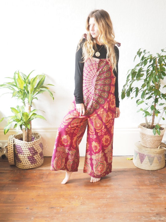 RED MANDALA DUNGAREES - Ethical Ruby Sparrow Overalls - Wide leg Cotton Jumpsuit - Organic linen - Indian block Print - Tie Dye - Bespoke