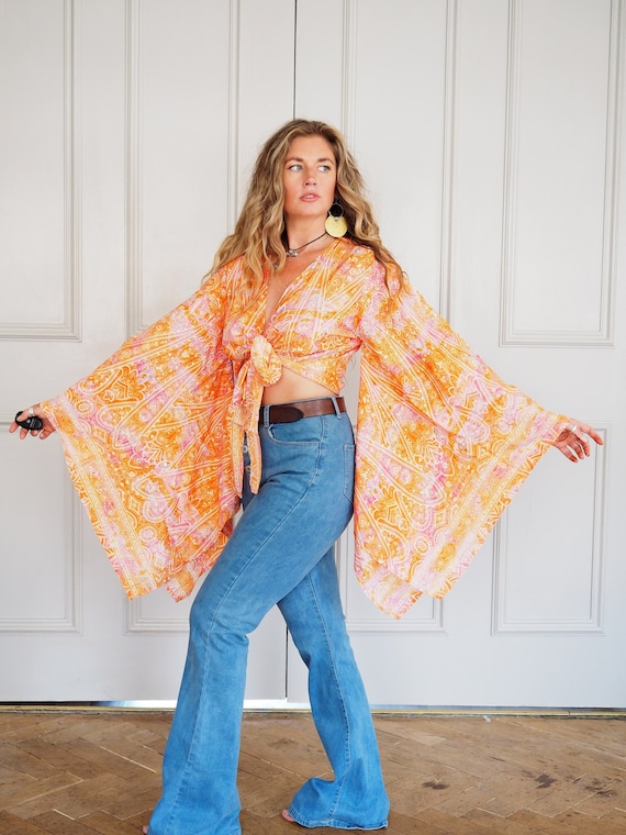 BELLA XL SLEEVE - Batwing - Japanese Kimono - Indian Silk - Hippie Kaftan - 70's Boho Wrap Top - Floaty Crop Jacket - Free Size - 60's