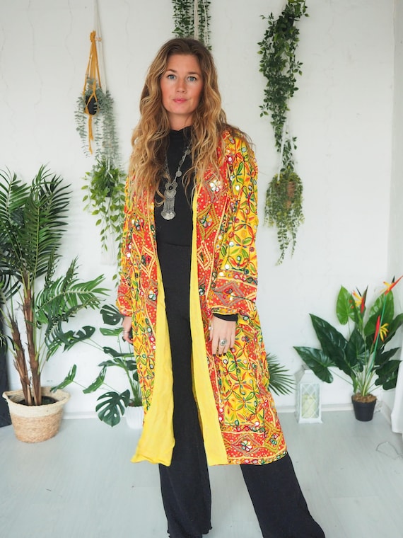 LONG MIRROR JACKET - Lightweight Sequin Kimono - Cotton Embroidered Coat - Winter Festival jacket - Bohemian Unisex clothing - Vintage