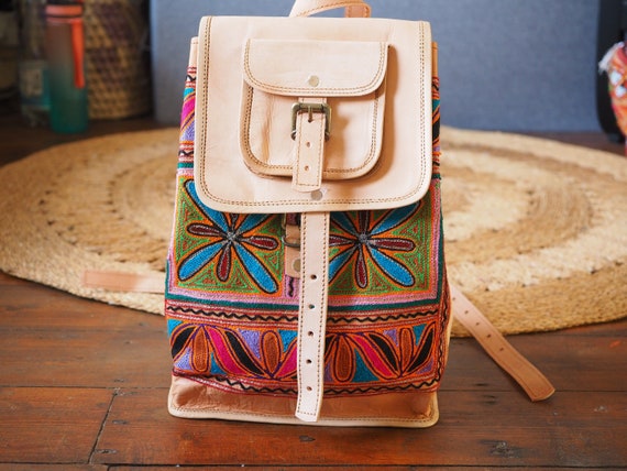 VINTAGE LEATHER RUCKSACK - Embroidered Hippie bag - Vintage Backpack - Boho - Aztec Carpet Bag - Recycled leather - 60's 70's psychedelic