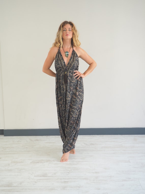 BLACK HAREM JUMPSUIT - Romper - Super Soft Silk - Playsuit - Vintage Style - Backless Dress - Aladdin Pants - Thai pants - Boho Overalls
