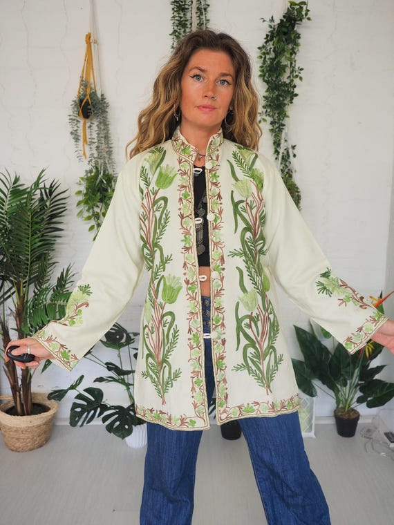 KASHMIRI TUNIC - 60's 70's Vintage Jacket - Retro Beatles - Sgt Pepper - Aari Embroidered - Cotton - Wool blend - Boho Mini Dress