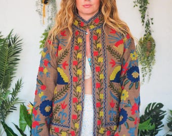 BESTICKTE SUZANI JACKE - 70er Vintage - Retro 60er - Baumwolle - Hippie Festival Mantel - Kurzjacke - S/M Floral