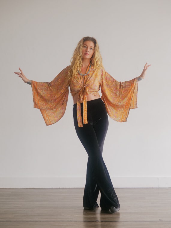 STEVIE NICKS CROP - Bell sleeve top - Vintage Style - kaftan jacket - Hippie - Retro - 70s - 60'S - Recycled Silk - Kimono - Cover up - Wrap