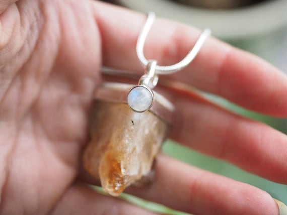 CITRINE & MOONSTONE NECKLACE - Raw Citrine Crystal Necklace - Success Stone - 925 Sterling Silver Jewellery - November Birthstone - birthday