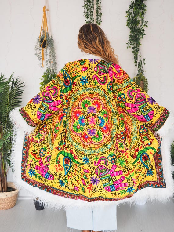 REVERSIBLE EMBROIDERED JACKET - Unisex Vintage 70's 60's Hippie Coat - Mens - Festival Jacket - Bohemian Tapestry Coat - Large