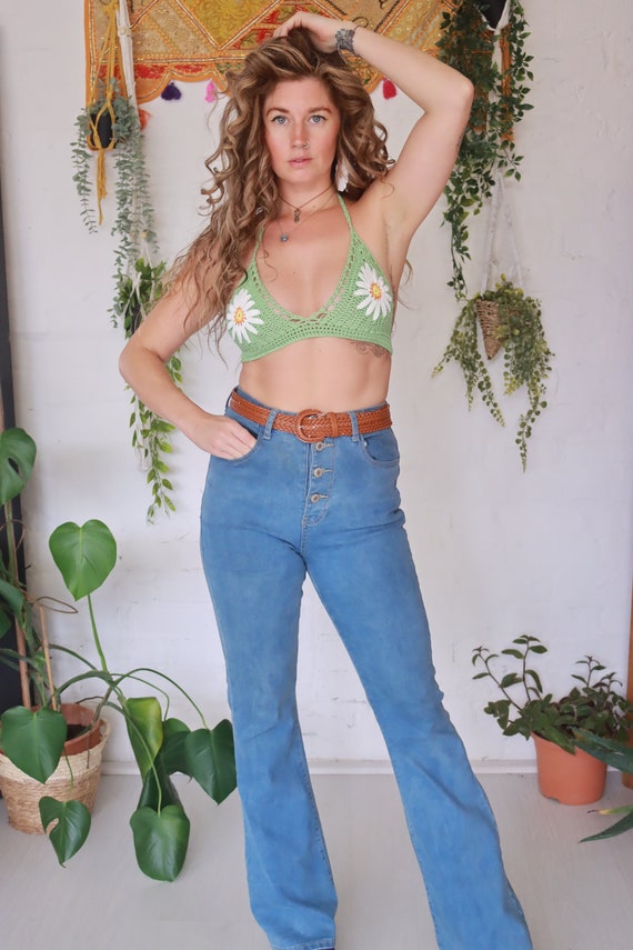 DAISY BRALETTE - Green Crochet Bikini - Halter neck - Summer - Backless Top - 60s Crop Bra - Daisy Swimwear - Swimwear - Boho Crochet Top