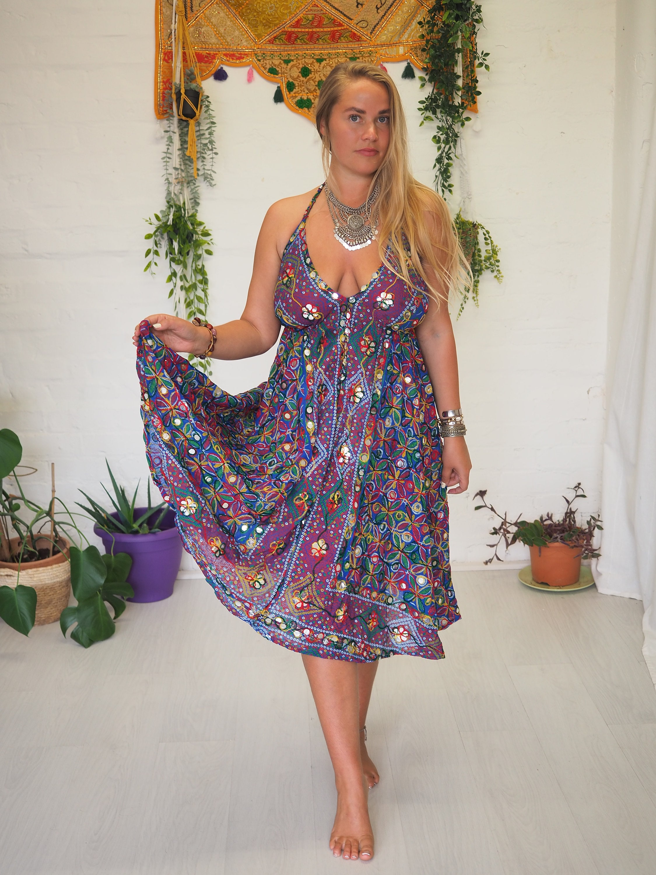MIRROR SWING DRESS - Beach - Ibiza - Sequin Dress - Indian Mirror Work -  Embroidered mini dress - Halter neck - Vintage Backless - Vacation
