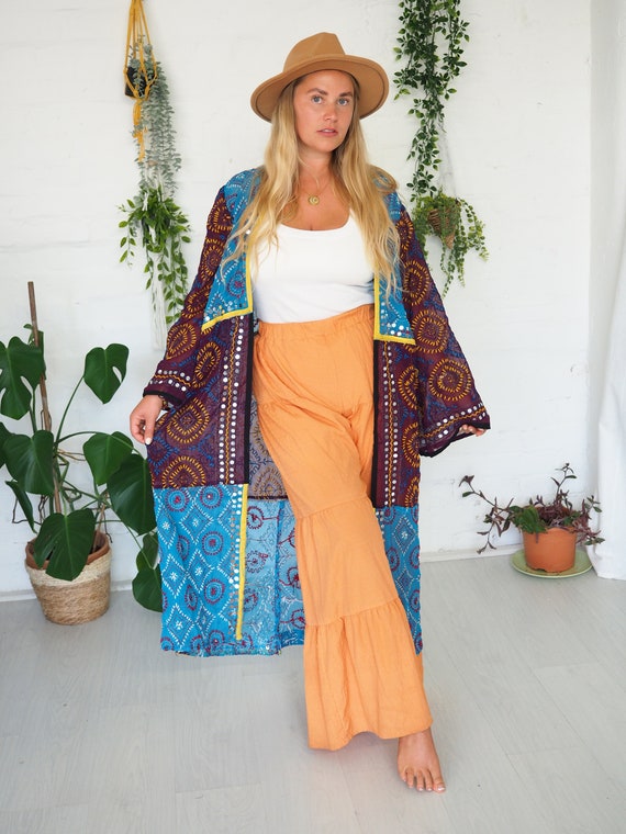 SEQUIN FULKARI KIMONO - Rainbow Hippie Jacket - Viscose Cover Up - Maxi Kaftan - Vintage 70's - Mirror work - Festival - Boho - Recycled