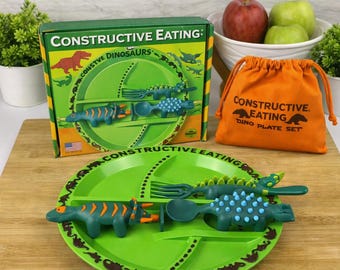 Dinosaur Toddler Plate Set with Utensils | Divided Plate, Fun Eating Training