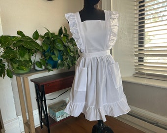 Size 'E' (42-49" waist) White Ruffled Bib Apron Pinafore Free Personalization available handcrafted polycotton plus size