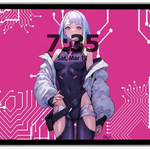May include: A tablet screen displaying a digital illustration. The artwork shows a character with purple and blue hair, in a black bodysuit and white jacket, against a pink backdrop with white circuit board patterns. The time 7:35 and date Sat, Mar 12 are visible.